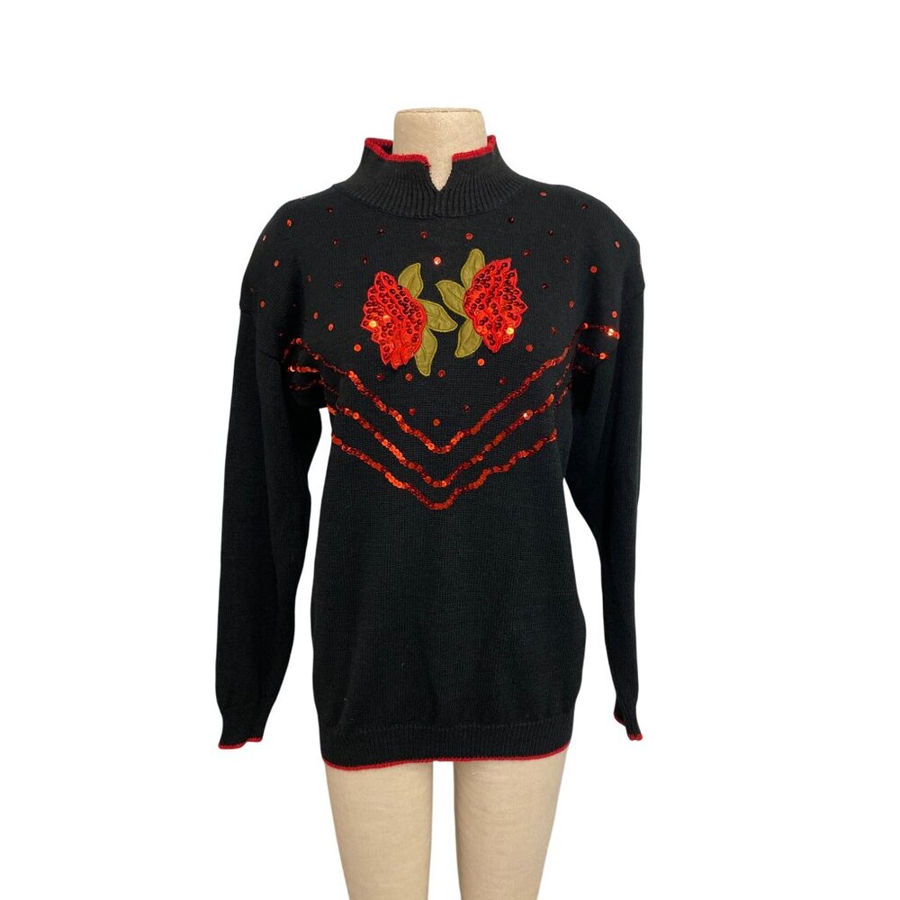 Vintage Images By Duet Black Sweater With Red Floral Sequin Embellishments M